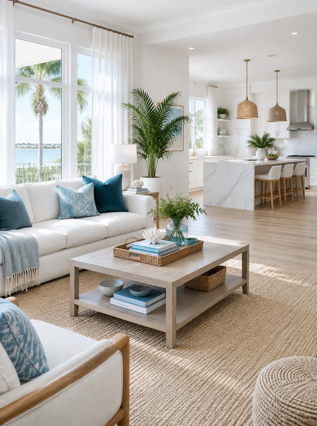 A bright, immaculate Florida living room and kitchen